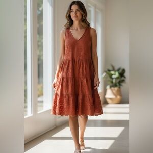 LOFT Rust Eyelet Tiered Sundress Sleeveless V Neck Boho Dress Large